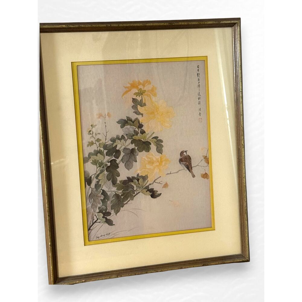 Vintage Tong Shiang Chang Bird and Chrysanthemum Mid Century Framed Art Print - Picture 1 of 10